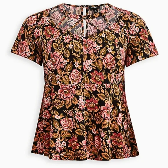 TORRID Strappy Peplum Top Stretch Crepe Black Floral - Picture 6 of 7